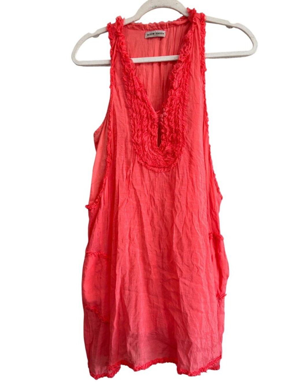 Bloom Season Coral Pink Sleeveless Tunic Dress With Frayed Edges & Pockets